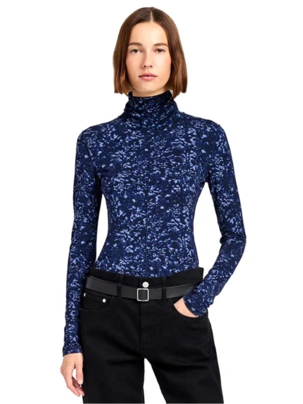 💙EPIK Navy  Blue Printed Abstract Pink  Long-Sleeve Turtleneck Top